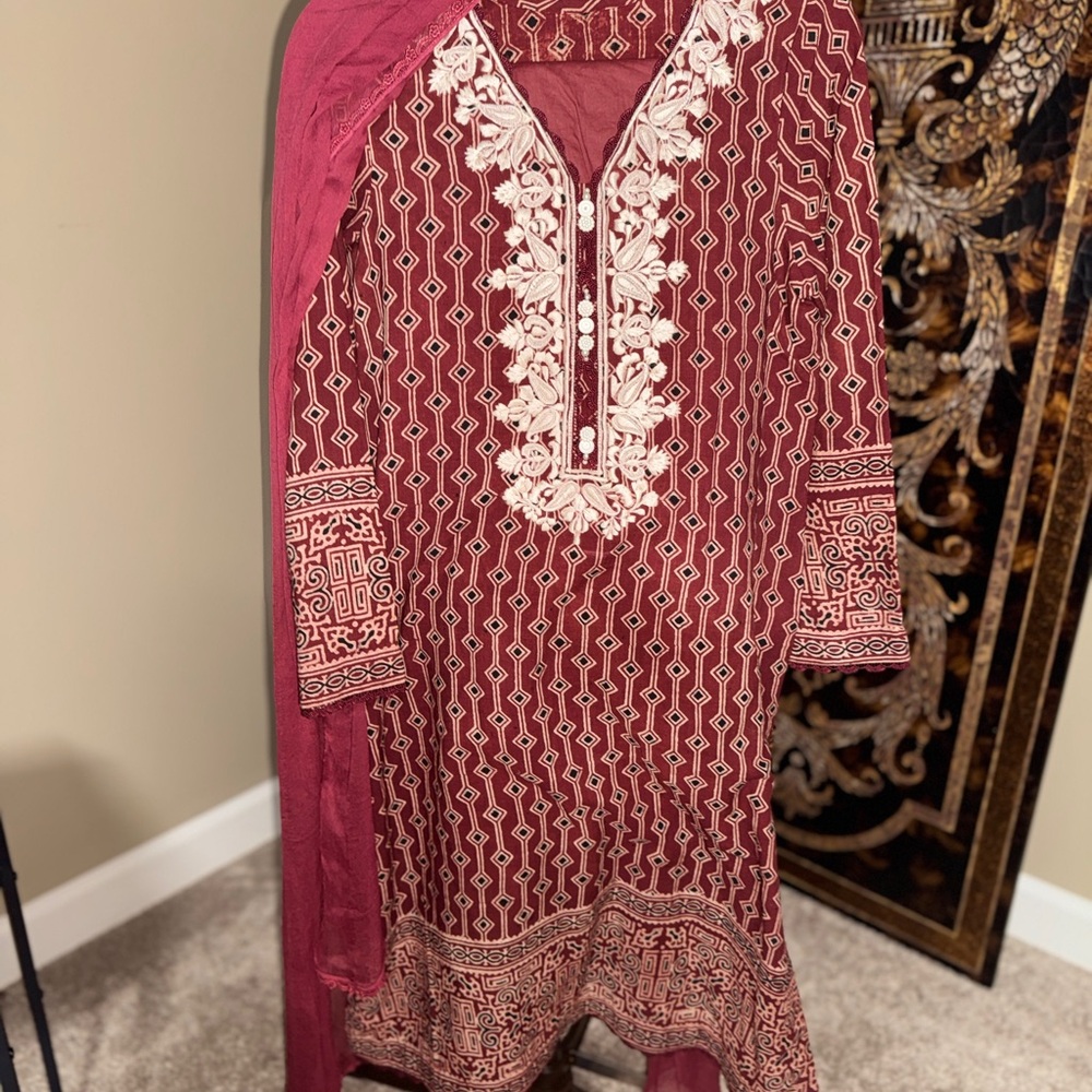 Pakistani Ajrak Maroon and Cream Embroidered 3 piece Medium